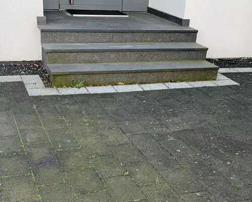 Mit Grünbelag bewachsenen Pflastersteinen an einer Hauseingangstür